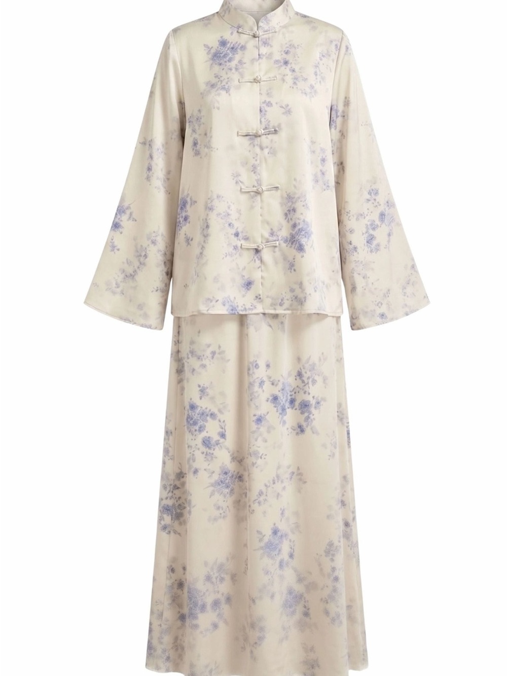 Women's Cream Floral Satin Set - Elegant Two-Piece with Skirt